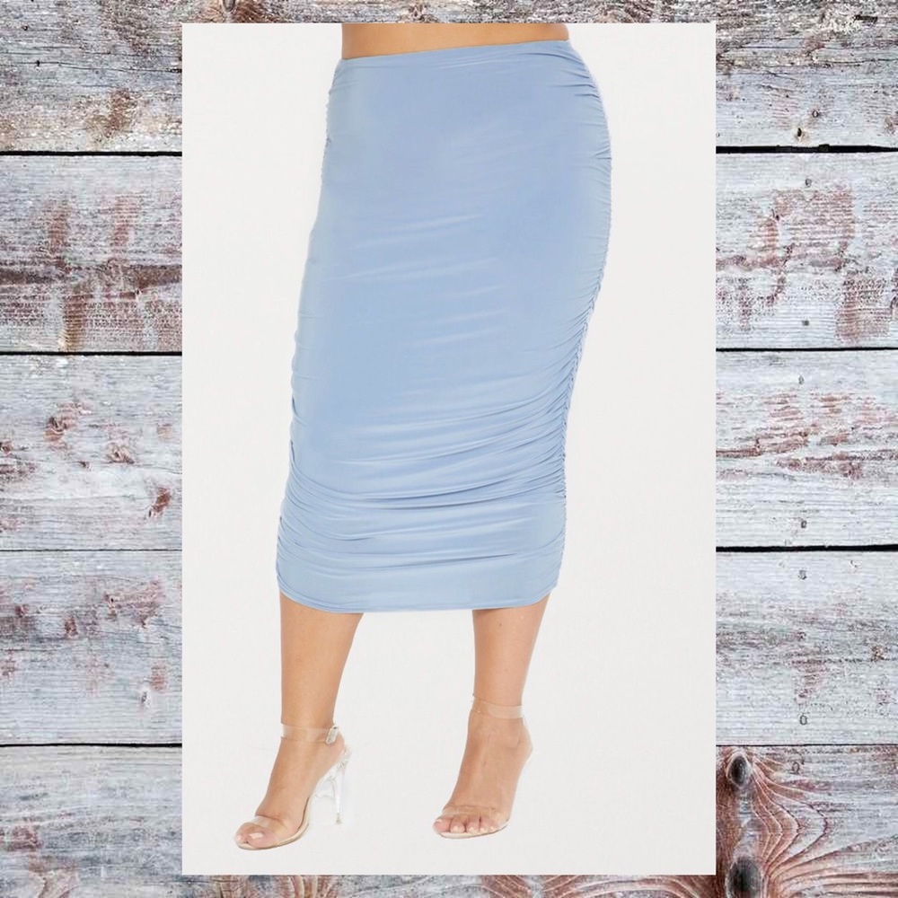 💠Pretty Little Thing Dusky Blue Ruched Midi Skirt